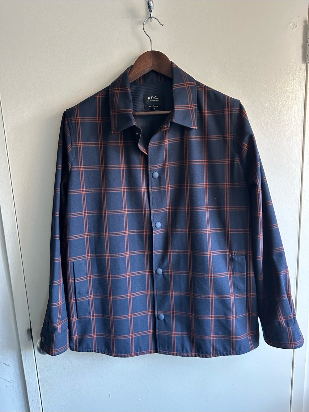A.P.C. Lined Navy Jacket with Rust Plaid Weatherproof USM